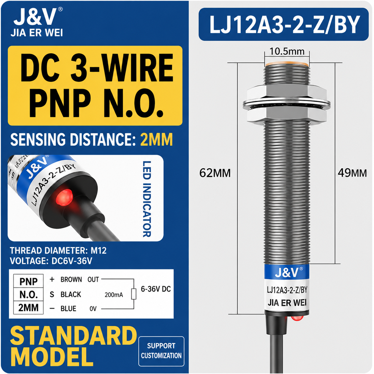 J&V LJ12A3-2-Z/BY PNP normally open inductive sensor label and wiring example