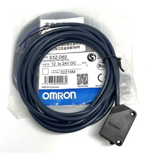E3Z-D62 product reference with visible model label, 2 m cable and 12 to 24 VDC marking; not current-stock or current-lot proof