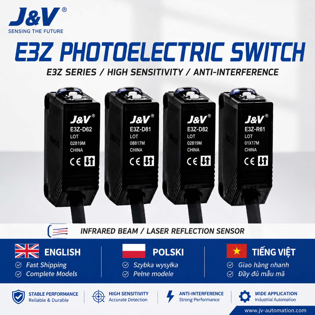 J&V E3Z photoelectric sensor family with real model labels