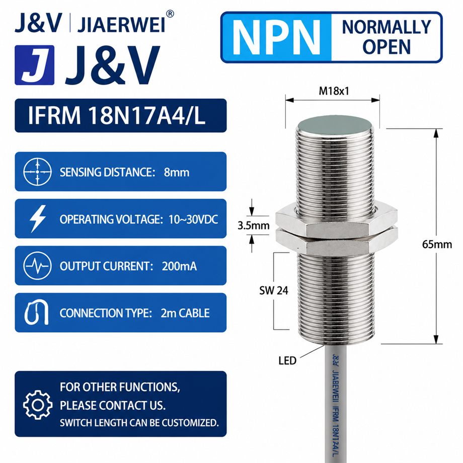 J&V M18 inductive proximity sensor with electrical and dimensional parameters